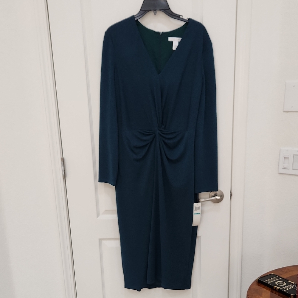 London Times Blue Long Sleeve Ruched Dress for Work